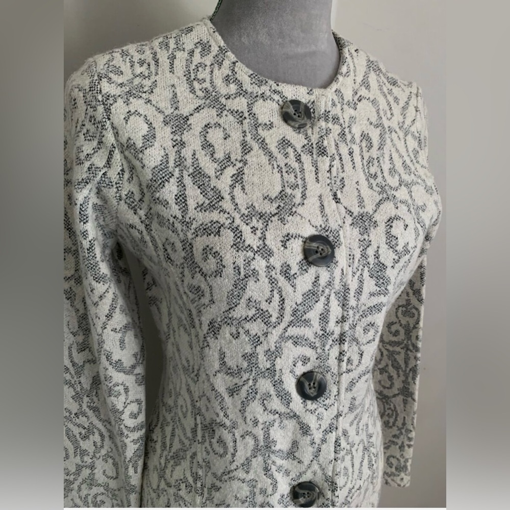 Cynthia Rowley Wool Blend Coat White Gray Damask Tapestry Print